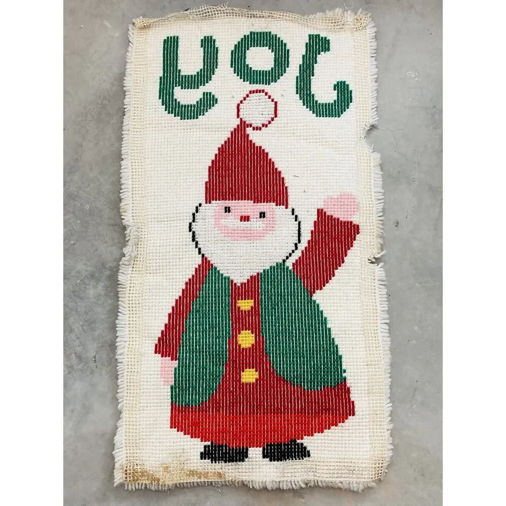 Vintage Christmas Latch Hook Rug Santa Joy Fluffy Beard Large Retro Completed